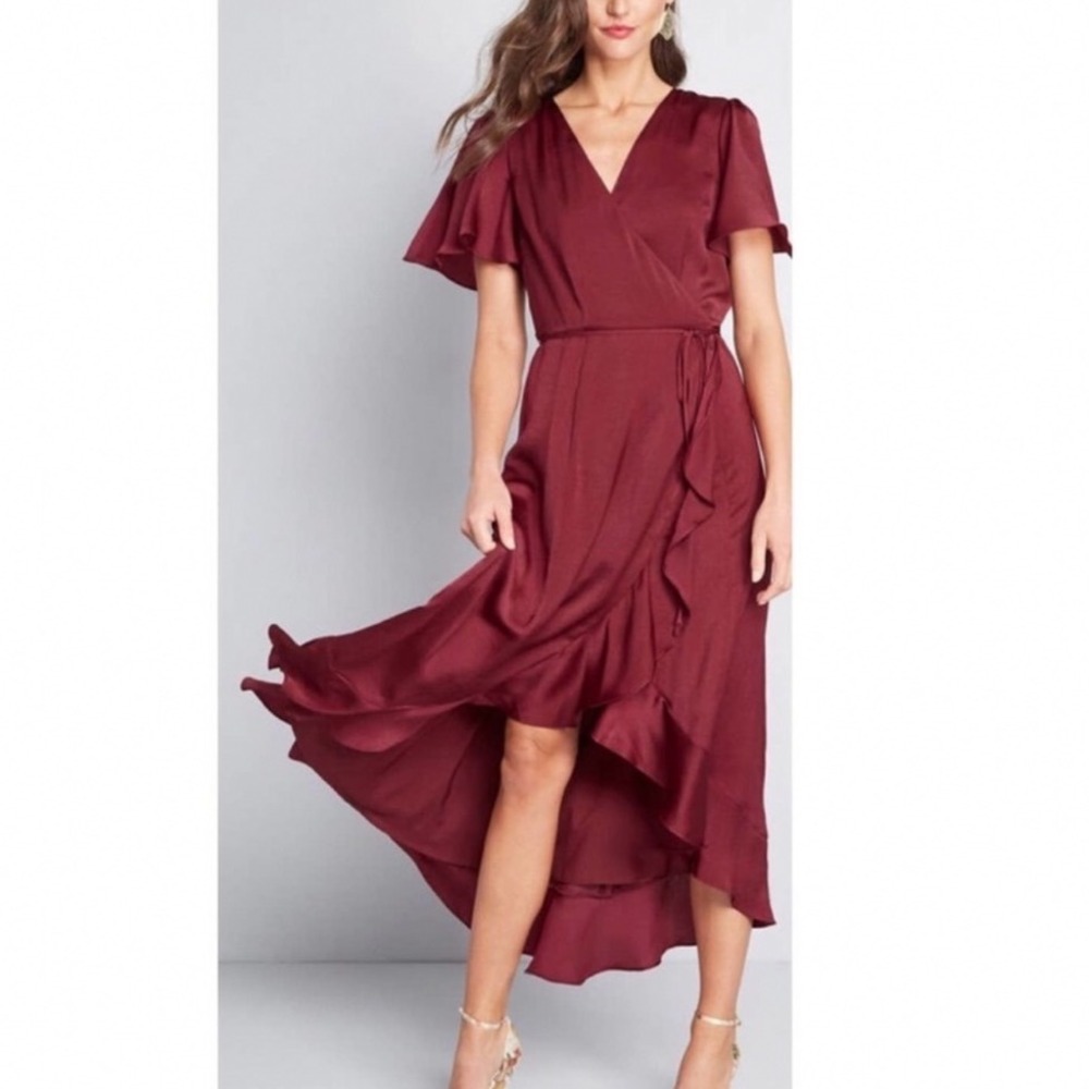 NEW ModCloth Burgundy Wrap Dress Women's Large Maxi Ruffle Holiday Party